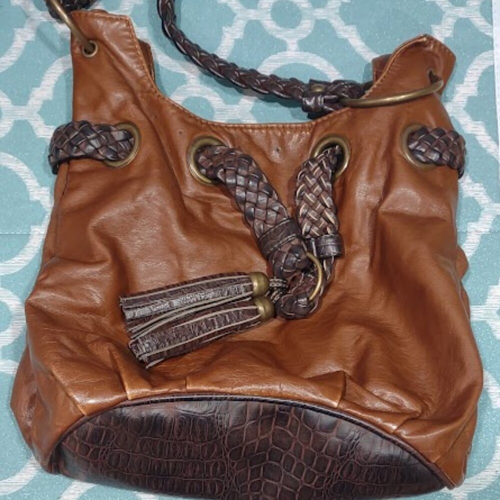 GAL VINTAGE FAUX LEATHER HOBO BAG BRAIDED STRAPS BRASS RINGS BALLS TASSEL